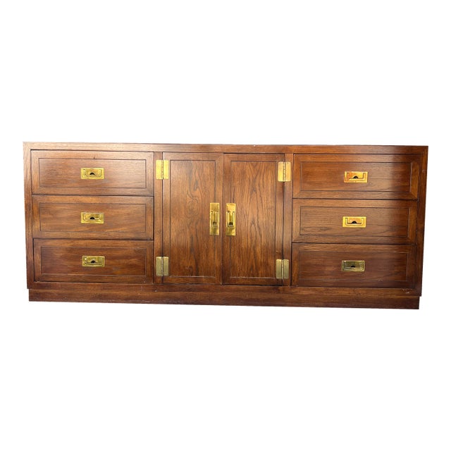 Vintage Henredon Style Campaign Dresser or Credenza With Brass Hardware For Sale