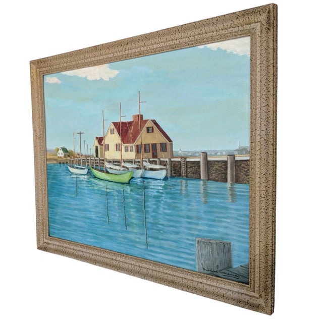 1960s Original Large Scale Coastal Seascape Harbor and Wharf Painting Signed For Sale - Image 5 of 9