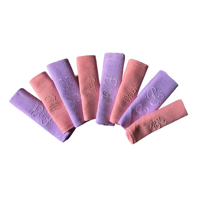 Vintage French Linen Coton Dyed Table Napkins with Monogram, 1920s, Set of 8 For Sale