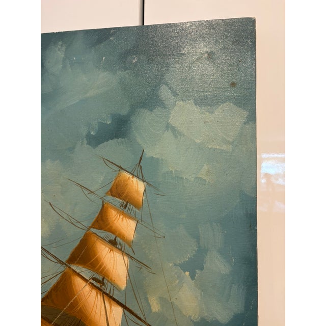 Vintage Coastal Nautical Original & Signed Clipper Ship Sailboat Oil Painting For Sale - Image 9 of 13