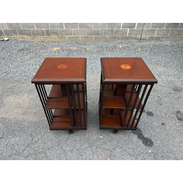 Wood Early 20th Century Pair of Edwardian Style Revolving Mahogany Inlaid Bookcase Side Tables For Sale - Image 7 of 16