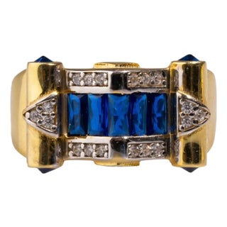 Stylish Sapphire & Diamond Gold Statement Adjustable Ring, Size 5 For Sale