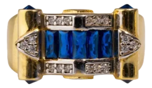 Stylish Sapphire & Diamond Gold Statement Adjustable Ring, Size 5