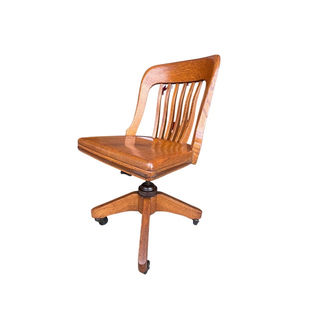 Antique B.L.Marble Chair Co. Golden Oak Swivel Desk Chair | Quarter-Sawn Oak Banker’s Chair | Early American Library & Office Chair For Sale - Image 9 of 13