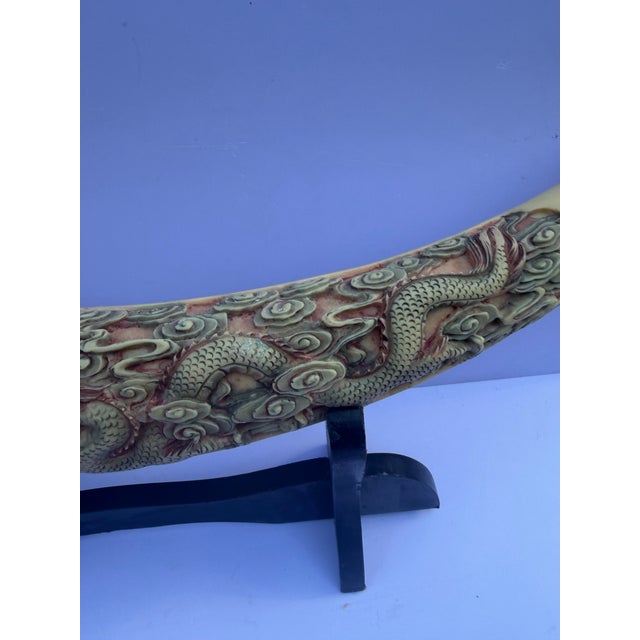 Vintage Mid-Century Chinoiserie Faux Ivory Carved Resin Dragon Tusk 23” Long Statement Piece For Sale - Image 4 of 12