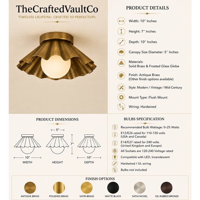 Metal Handcrafted Solid Brass Scalloped Flush Mount Ceiling Light With Opal Glass Globe For Sale - Image 7 of 8