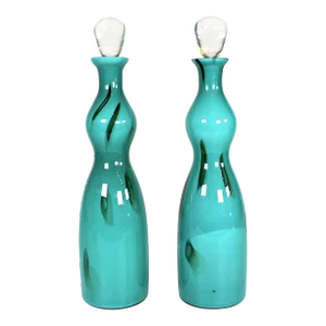 1970s Turquoise Handblown Murano Glass Decanters- a Pair