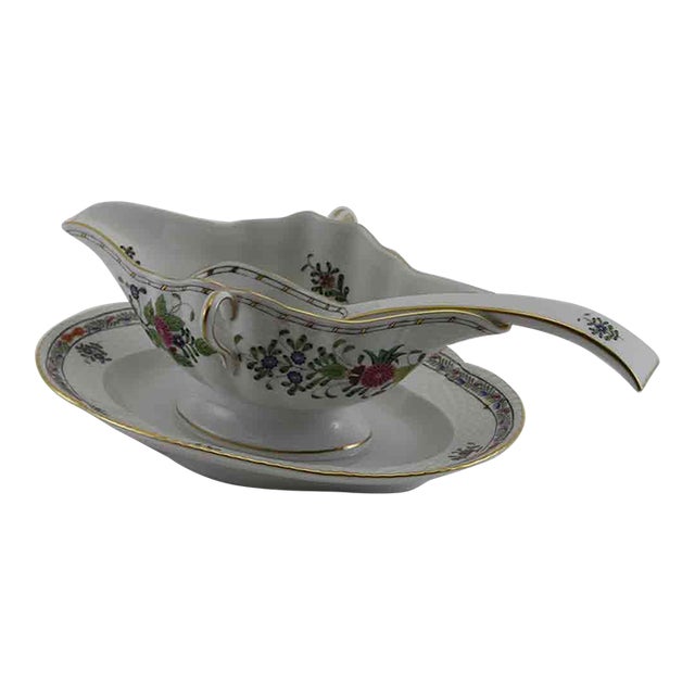 1960’s Vintage Herend Hand-Painted Gravy/Sauce Boat & Ladle With Fleurs Des Indes Colored Decoration For Sale