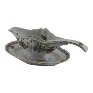 1960’s Vintage Herend Hand-Painted Gravy/Sauce Boat & Ladle With Fleurs Des Indes Colored Decoration