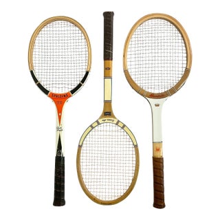 Vintage Mid-Century Americana Boho Chic Wood Tennis Rackets - Set of 3 For Sale