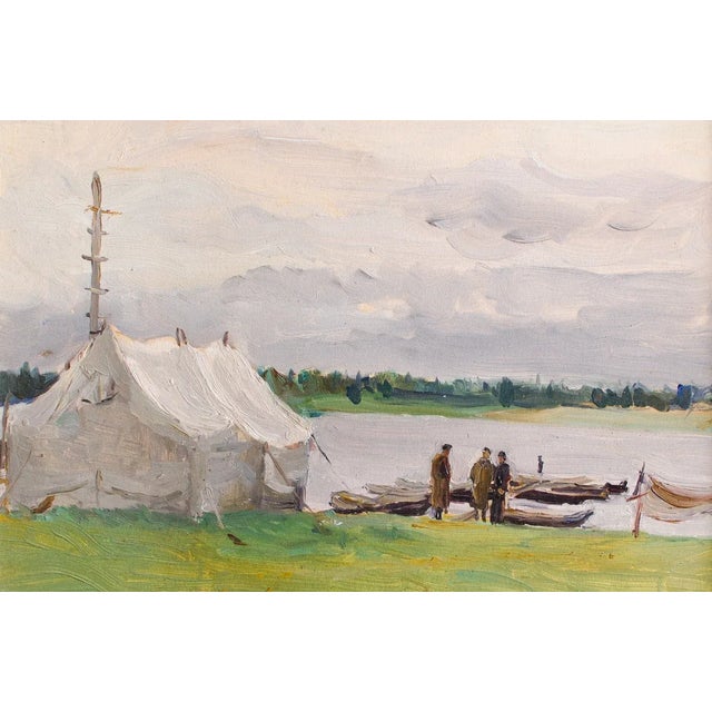 Art Deco Vintage 1959 Original Signed & Framed Oil Landscape Painting of Uniformed Soldiers Natalya Aleksandrovna Gippus For Sale - Image 3 of 11