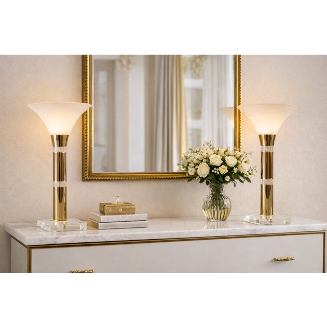 Late 20th Century Art Deco Style Brass & Lucite Table Lamps – Set of 2 | 27” H For Sale - Image 4 of 4