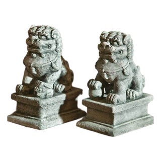 Sm Temple Foo Dog Gray Concrete Statue For Sale