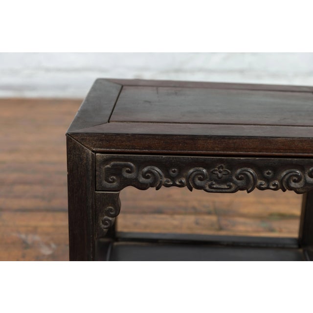 Chinese Late Qing Dynasty 1900s Stool with Cloud-Carved Apron and Lower Shelf For Sale - Image 10 of 13