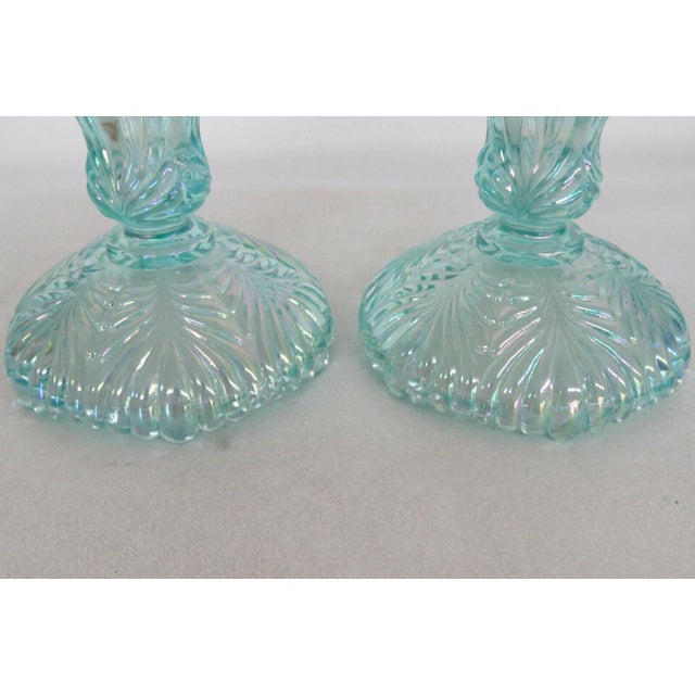 Fenton Leaf Turquoise Iridescent Glass Votive Candle Stick Holders a Pair Chairish