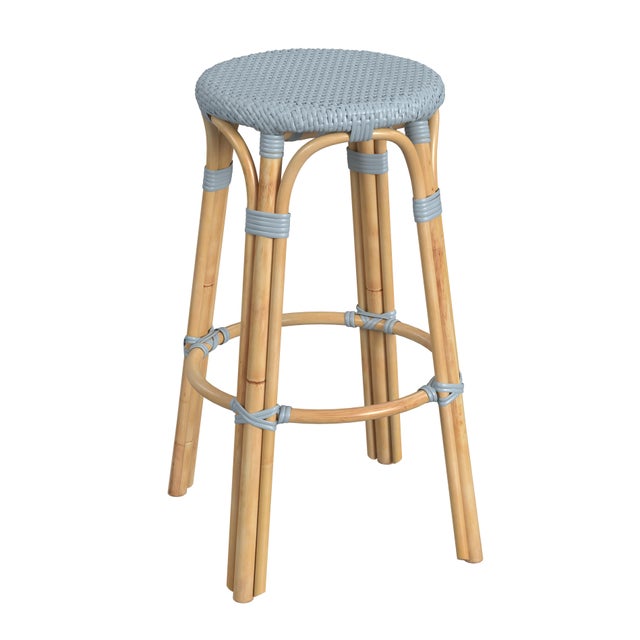 Baby Blue Tobias 30 in. Seat Height Round Rattan Backless Bar Stool, Baby Blue/ Natural Rattan Frame For Sale - Image 8 of 8