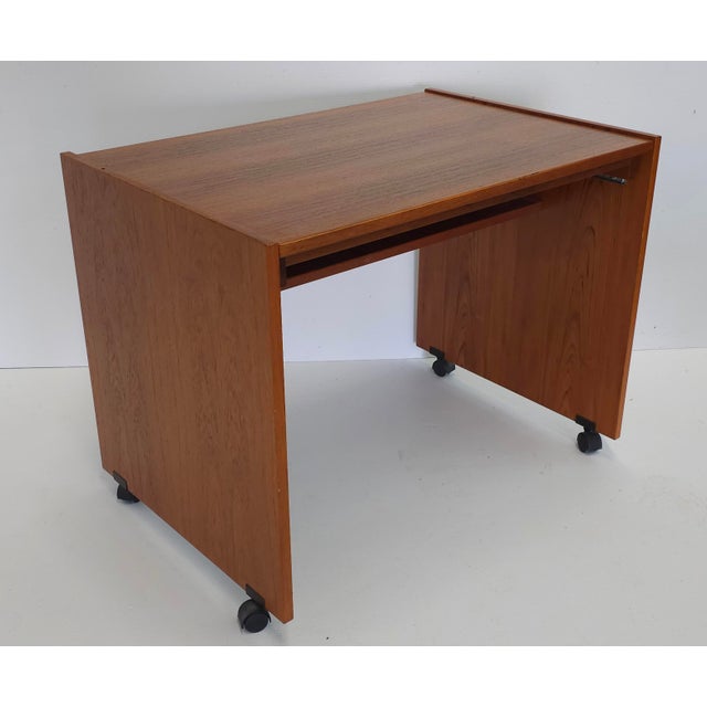 Scandinavian Modern Teak Rolling Pull Out Surface Computer Desk For Sale - Image 4 of 11