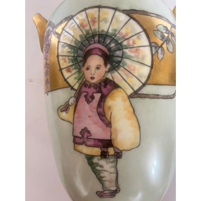 Ceramic Antique Vintage Limoges Porcelain 2 Handled Vase Chinese Child With Her Umbrella Circa 1920 For Sale - Image 7 of 11