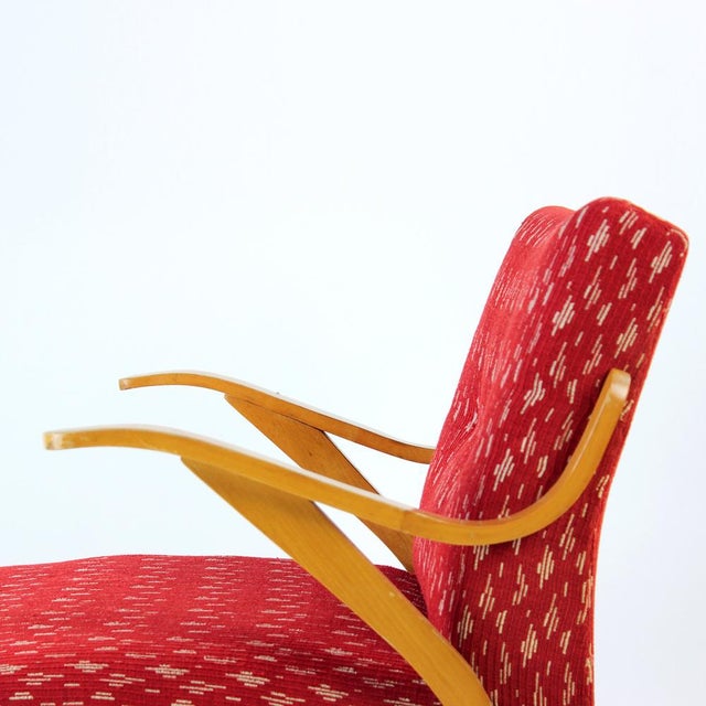 Mid-Century Czechoslovakian Armchair in Original Red Fabric and Blonde Wood, 1960s For Sale - Image 6 of 13
