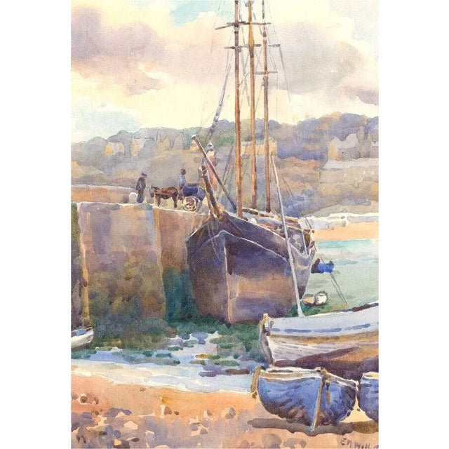 This is a vintage original watercolor of boats docked at a harbor. The piece is roughly 8.25 inches x 11.5 inches...