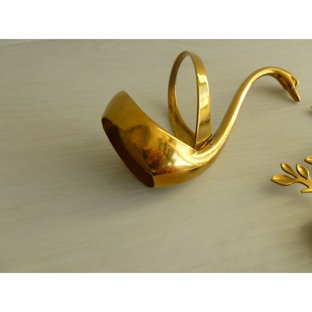 Vintage 1970's Brass Plated Metal Swan Vessel Bowl With !0 Serving Spoons For Sale - Image 13 of 17