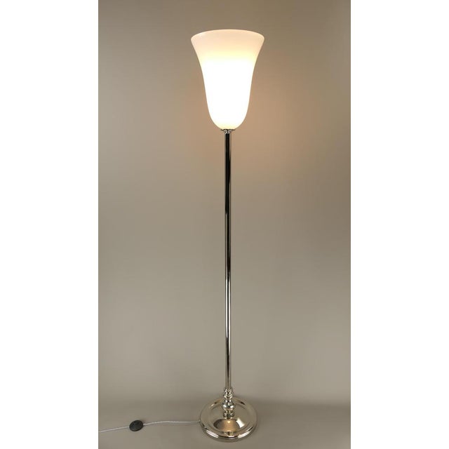 Contemporary Large French Art Deco Chrome Floor Lamp with Opal Glass Shade, 1920s For Sale - Image 3 of 9