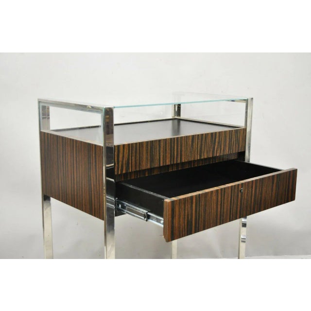 Modern Zebra Wood Chrome Glass Jewelry Closet Display Counter Case With Drawer For Sale - Image 4 of 13