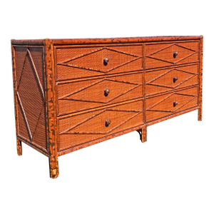 Vintage Bloomingdale’s Bamboo Rattan Dresser in British Colonial Boho Chic Coastal Styles