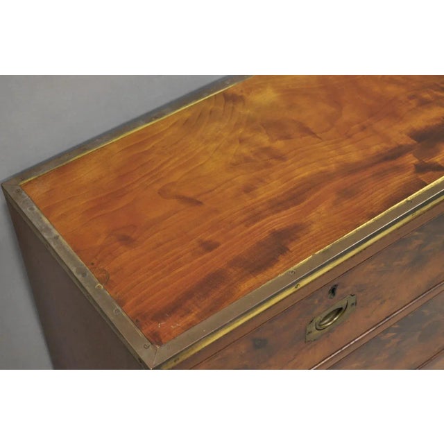 Antique English 4 Drawer Brass Banded Burr Walnut Campaign Chest Dresser For Sale - Image 4 of 15