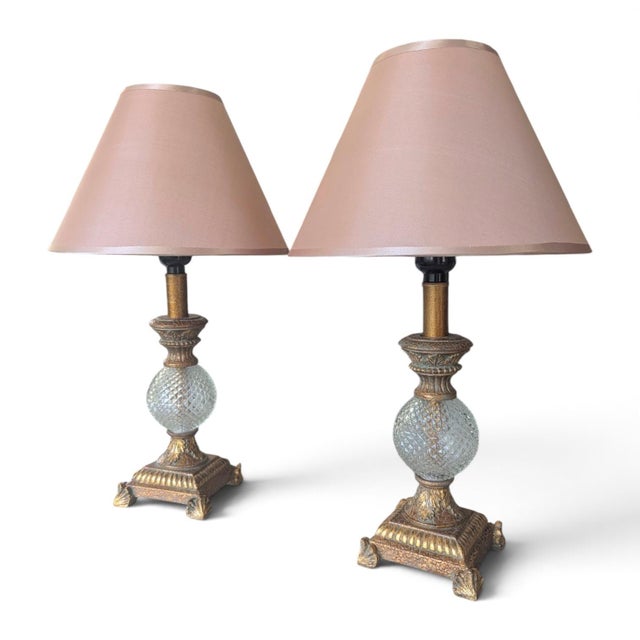 Hollywood Regency Gilded Gold and Faux Crystal Lamps With Pink Lampshades- A Pair For Sale In Charlotte - Image 6 of 18
