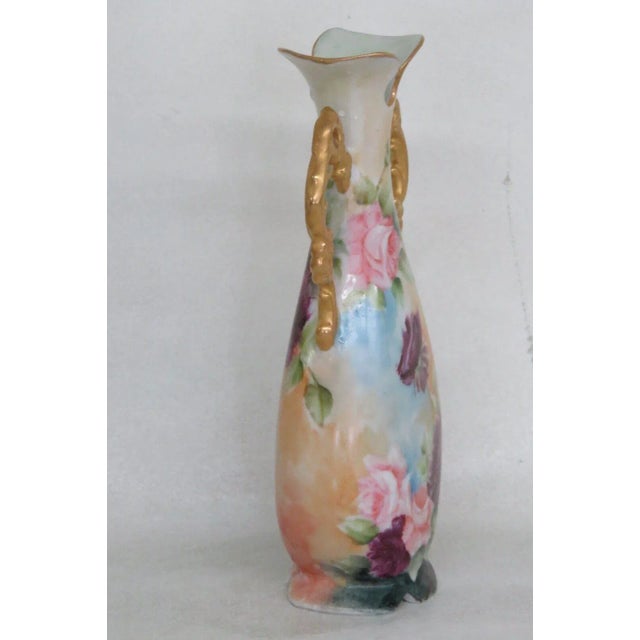 Porcelain Blue Orange Hand Painted Floral Footed Gold Double Handle Vase For Sale In Miami - Image 6 of 12