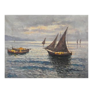 Vintage Italian Fishing Boats at Sunrise Painting For Sale