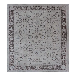 Mid 20th Century Square Shaped Vintage Turkish Oushak Rug With Brown Lt. Blue and Cream Tones