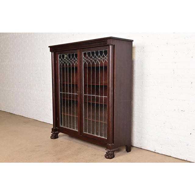 Victorian R. J. Horner Style Antique American Empire Carved Mahogany Leaded Glass Front Double Bookcase Cabinet, Circa 1890s For Sale - Image 3 of 11