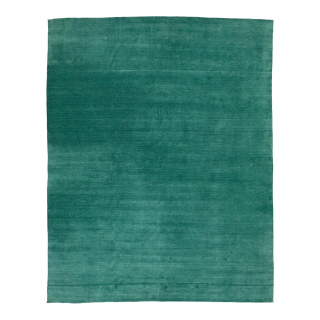 12x15 Apadana's Modern Gabbeh Hand-Loom Wool Area Rug in Jewel-Toned Green For Sale