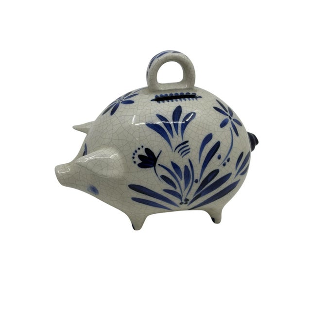 Vintage blue and white crackle ceramic piggy bank. Sophisticated and cute piggy bank for anyone. Stickered Jefferson Pine...