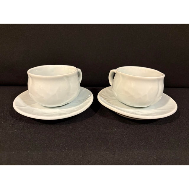 Late 20th Century Japanese Celadon Porcelain Cup & Saucer Set for Two Featuring Botanical Motif For Sale - Image 4 of 6