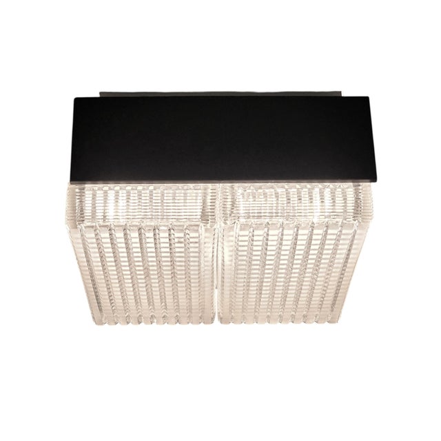 Industrial Mid 20th Century Modernist Original Flush-Mount Chandelier in Frosted Art Glass & Black Metal For Sale - Image 3 of 16