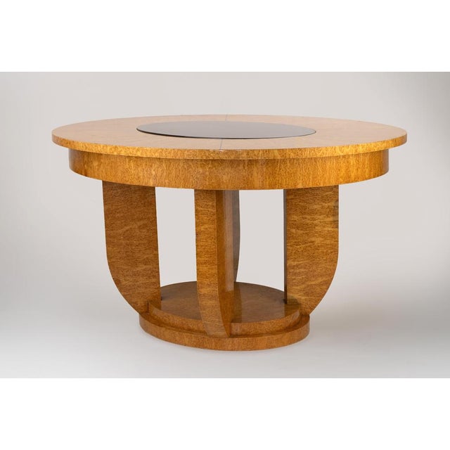 Art Deco Round Dining Table in Bird’s-Eye Maple and Ebonized Glass, 1930s For Sale - Image 4 of 8
