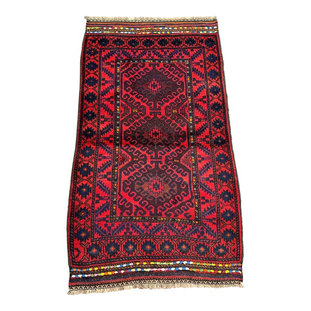 Vintage Baluch Afghan Rug, Hand Knotted Tribal Zanjiri Rug For Sale