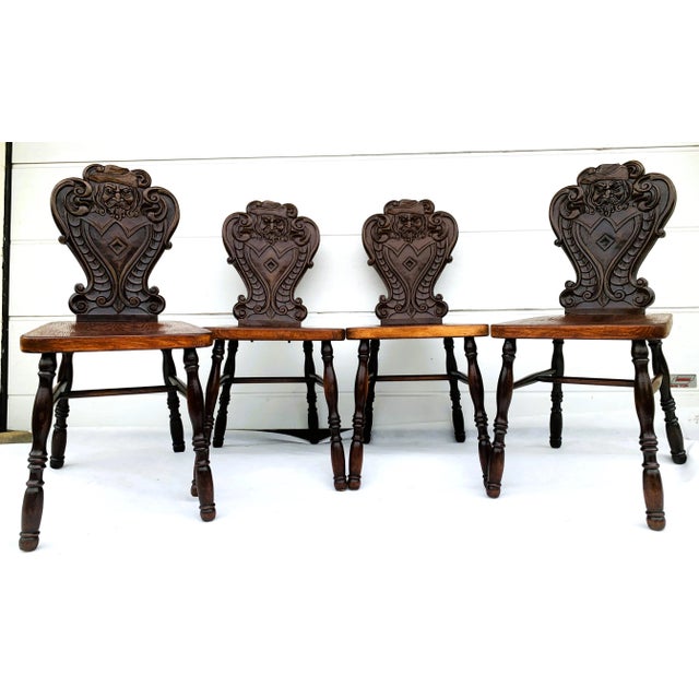 Neo-Renaissance Style Beech Chairs with Carved Backrests, 1950s, Set of 4 For Sale - Image 4 of 18