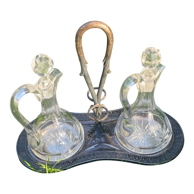 Antique Cut Crystal Oil & Vinegar Cruet Set With Silver-Plated Stand For Sale