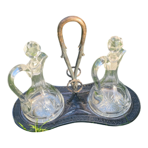 Antique Cut Crystal Oil & Vinegar Cruet Set With Silver-Plated Stand
