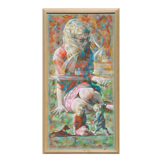 Mother, Child and Dog in the Park, Raymond Howell Oil on Masonite Painting For Sale