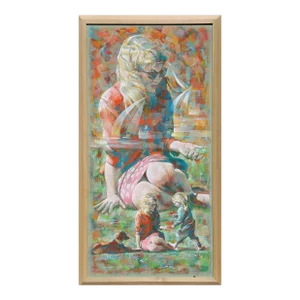 Mother, Child and Dog in the Park, Raymond Howell Oil on Masonite Painting