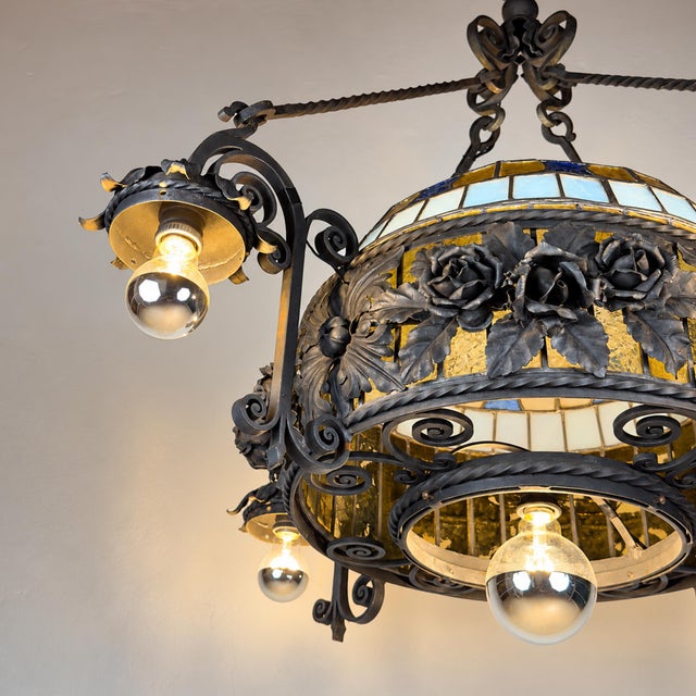 1950s Art Nouveau Revival Wrought Iron Chandelier with Floral Stained Glass, Italy, 1950s For Sale - Image 5 of 18