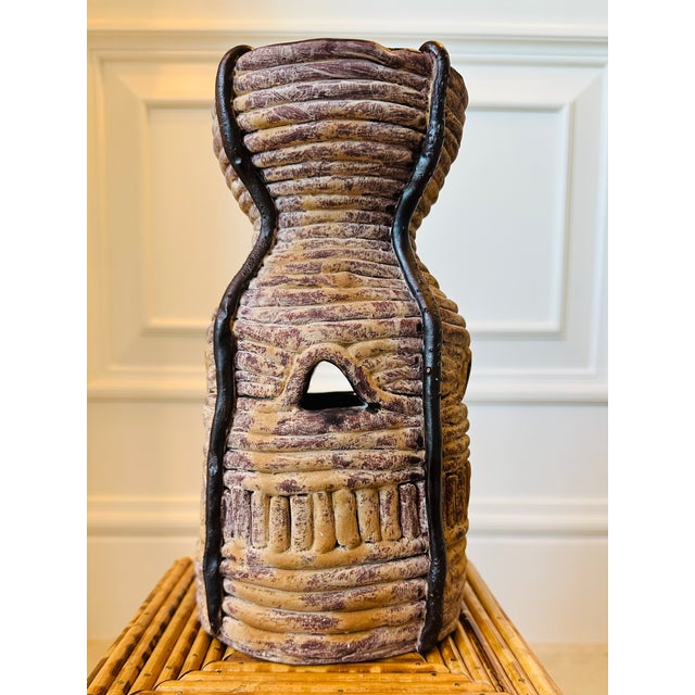 Vintage Signed Coiled Terracotta Vase With Piercings and Glazed Brown Accents For Sale - Image 4 of 13