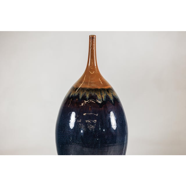 Large Artisan Ceramic Vase in Midnight Blue with Brown Tapered Neck For Sale - Image 18 of 18
