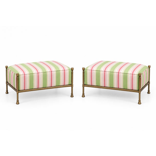 A custom-made Jerome Ottoman from the Jerome Collection by Michael Taylor Designs, produced in 2017 in a warm Reed Brass...