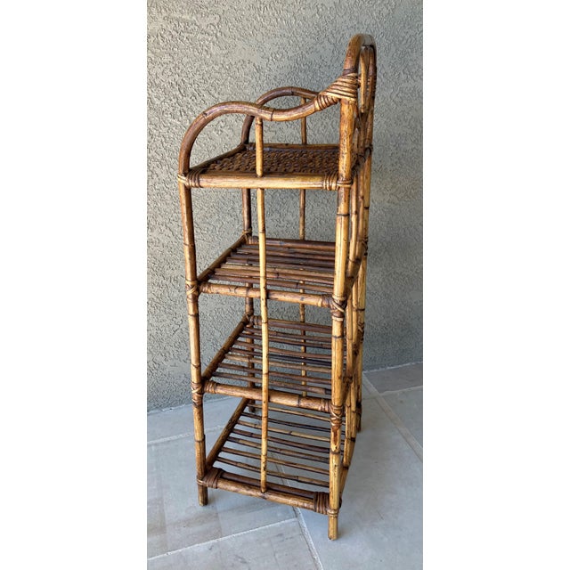 Charming Mid 20th-Century Four-Tier Decorative Tortoiseshell Rattan Storage Shelf For Sale - Image 4 of 17